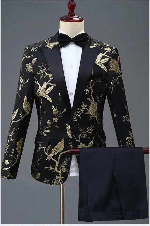 Black gold embroidered black tie creative suit set (Blazer, pants, cummerbund belt, bowtie) - Fits NZ size 2XL - 3XL